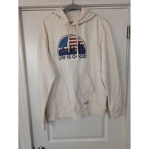 Life is Good Hoodie‎ Mens Large Patriotic American Flag Cream Graphic Sweatshirt
